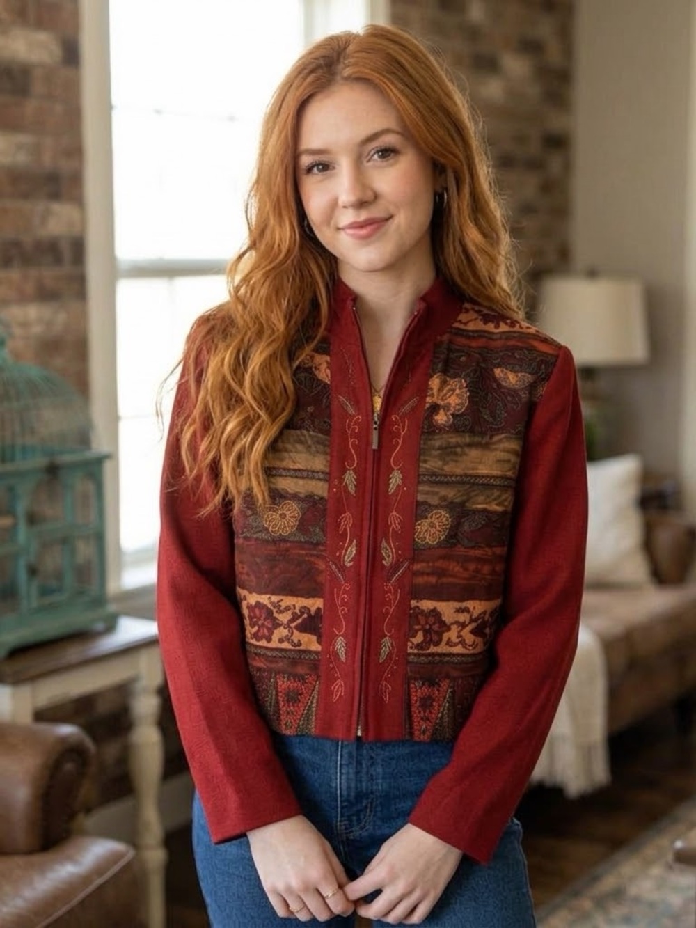 Women’s Rust Red Patterned Zip-Front Jacket with Embroidered Front
